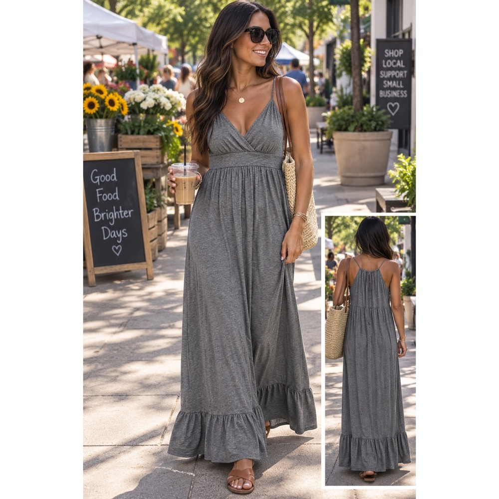 Mossimo Gray Maxi Dress Large Surplice V-Neck Ruffle Hem Jersey Knit Gray L
